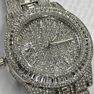 Men's Big Hip Hop Watch Iced Flooded Out Baguettes Calendar Silver Tone